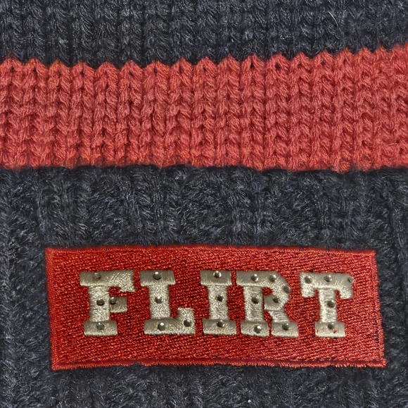 Y2k 2000s Striped Beanie with Rhinstoned/Bejeweled FLIRT Patch - Picture 2 of 4